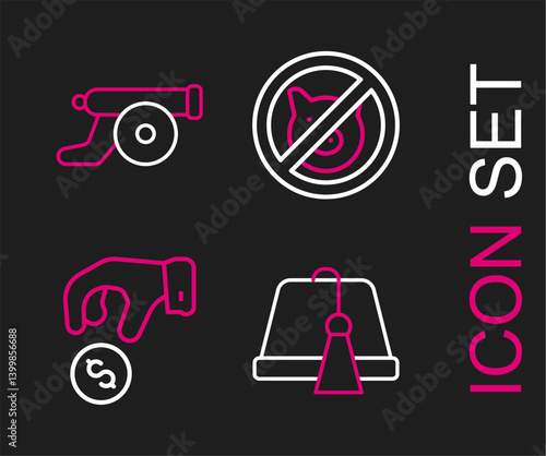 Set line Turkish hat, Donate or pay your zakat, No pig and Ramadan cannon icon. Vector
