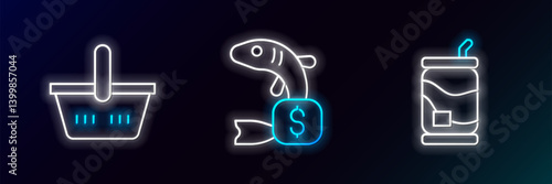 Set line Soda can, Shopping basket and Price tag for fish icon. Glowing neon. Vector