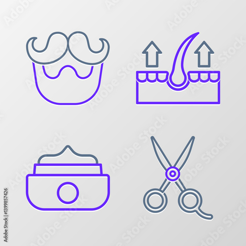 Set line Scissors hairdresser, Gel wax for styling, Human follicle and Mustache and beard icon. Vector