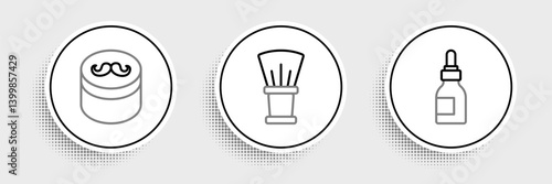 Set line Oil bottle, Gel or wax for hair styling and Shaving brush icon. Vector