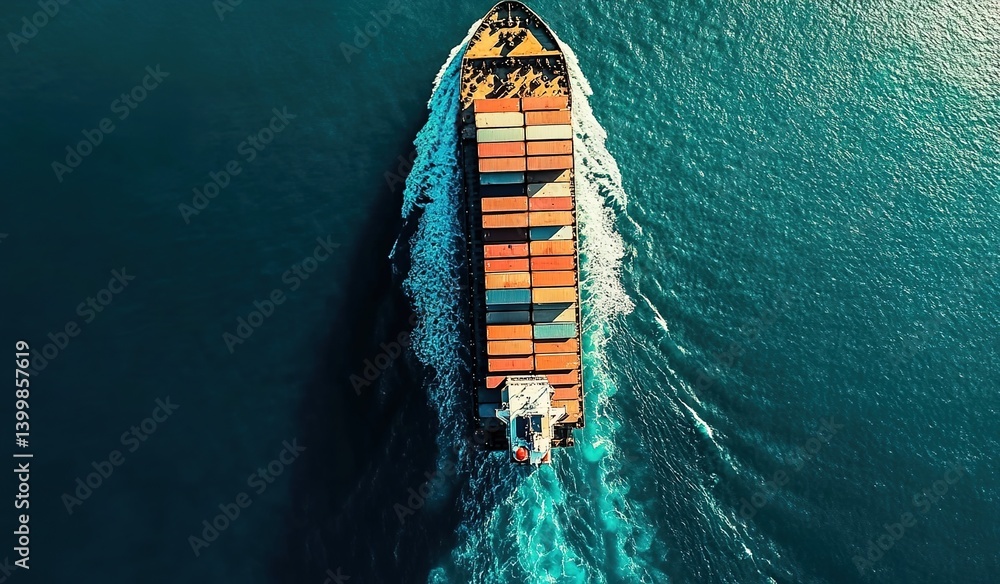 Bird’s-eye view of a massive container ship sailing on deep-blue ocean, white wake trailing behind, photorealistic maritime scene with crisp sunlight reflections. Bird’s-eye view of a massive container ship sailing on deep-blue ocean, white wake trailing behind, photorealistic maritime scene with crisp sunlight reflections.