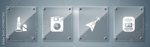 Set Cassette tape player, Electric bass guitar, Floppy disk and Lipstick. Square glass panels. Vector