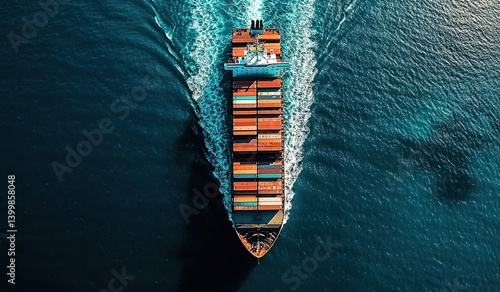 Bird’s-eye view of a massive container ship sailing on deep-blue ocean, white wake trailing behind, photorealistic maritime scene with crisp sunlight reflections.