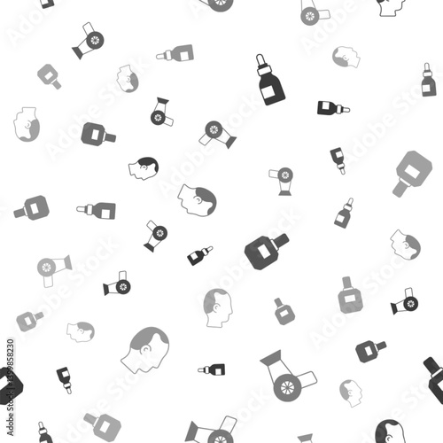 Set Oil bottle, Hair dryer, Aftershave and Baldness on seamless pattern. Vector