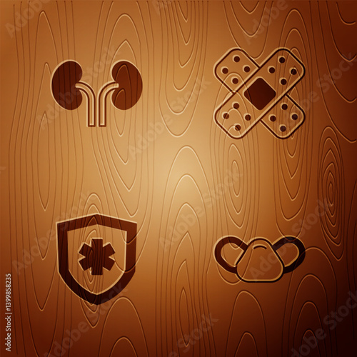 Set Medical protective mask, Human kidneys, Life insurance and Crossed bandage plaster on wooden background. Vector