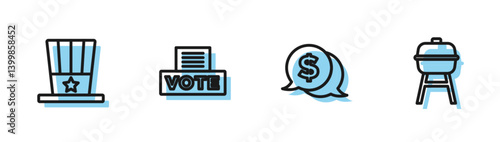 Set line Coin money with dollar, Patriotic American top hat, Vote box and Barbecue grill icon. Vector