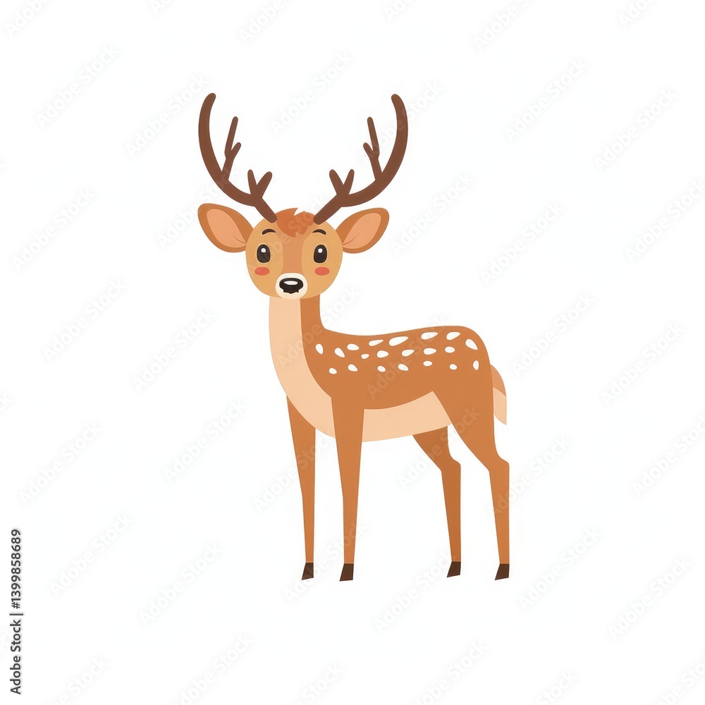 Fototapeta premium Cute cartoon deer illustration. A friendly, stylized deer with large antlers and spotted coat. Simple, colorful design