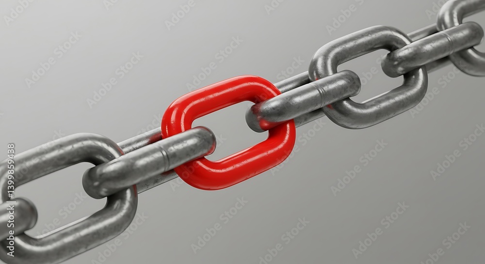 Obraz premium Red Link in Steel Chain A Scarlet Connection Steel And Crimson One Red Link The Vital Link Stand Out Strength AI Generated
