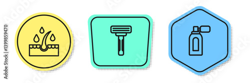 Set line Oil for hair care treatment, Shaving razor and Aftershave with atomizer. Colored shapes. Vector
