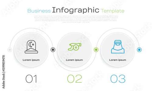 Set line Muslim cemetery, Ramadan cannon and woman in niqab. Business infographic template. Vector