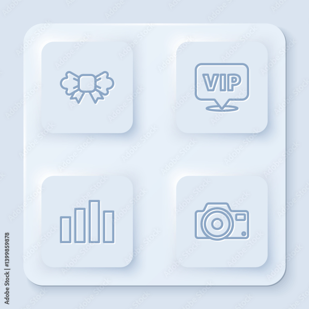 Set line Bow tie, Location Vip, Music equalizer and Photo camera. White square button. Vector Set line Bow tie, Location Vip, Music equalizer and Photo camera. White square button. Vector