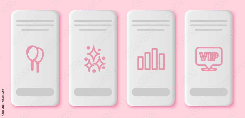Set line Balloons with ribbon, Firework, Music equalizer and Location Vip. White rectangle button. Vector Set line Balloons with ribbon, Firework, Music equalizer and Location Vip. White rectangle button. Vector