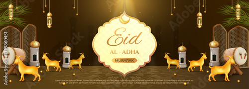Eid Al Adha Celebration Theme with Gold Decorations and Islamic Elements