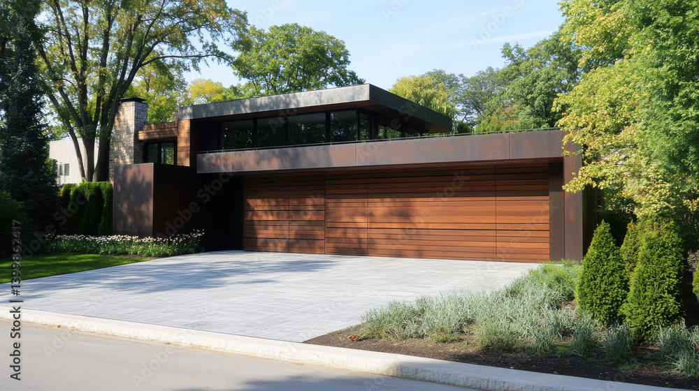 A contemporary house features a striking combination of wood and metal elements. Surrounded by lush greenery, the spacious driveway leads to a stylish entrance, embodying modern elegance A contemporary house features a striking combination of wood and metal elements. Surrounded by lush greenery, the spacious driveway leads to a stylish entrance, embodying modern elegance