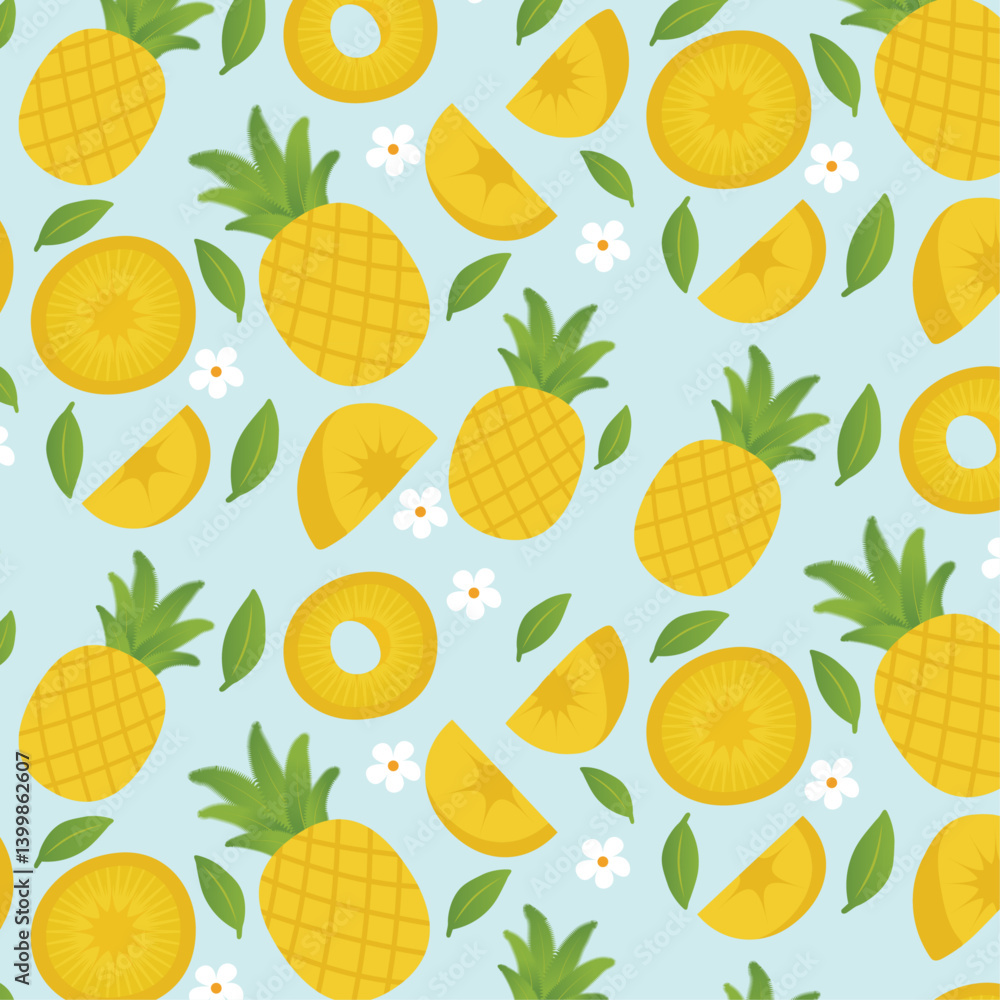 Tropical Seamless Pineapple Pattern with Slices and Leaves Tropical Seamless Pineapple Pattern with Slices and Leaves
