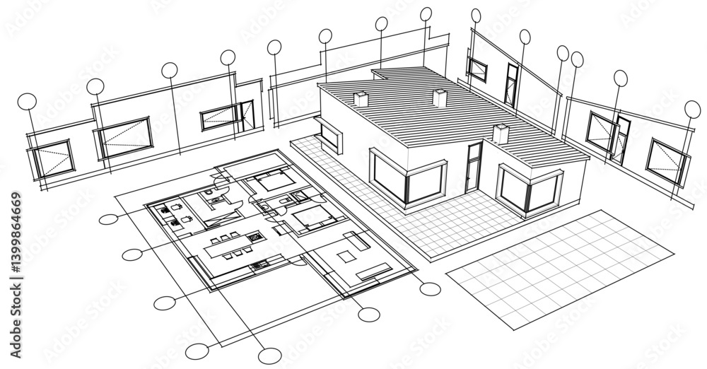 house sketch project facades plan 3d illustration house sketch project facades plan 3d illustration