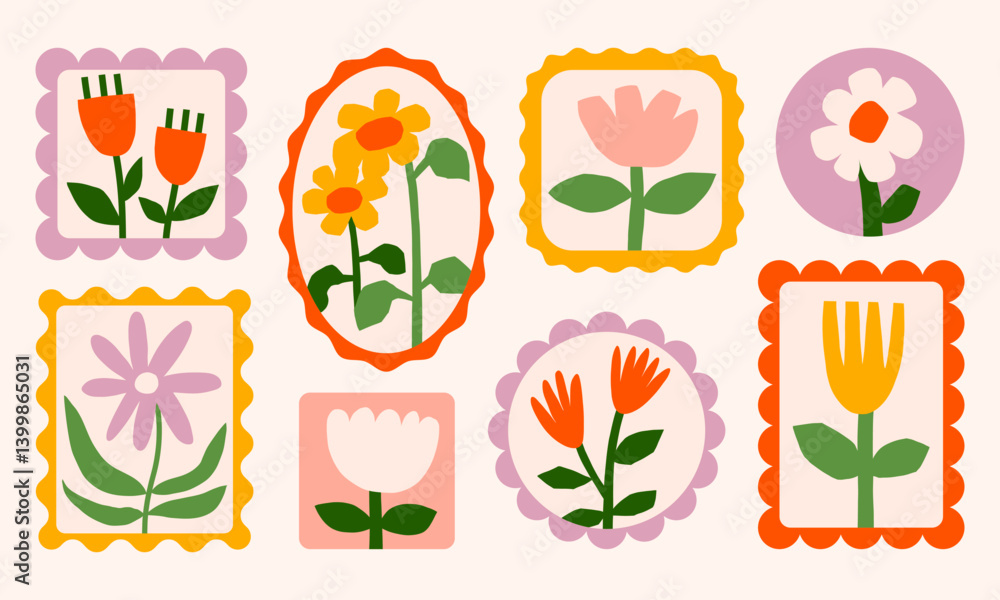 Naklejka premium Vintage simple florals in retro frames vector illustration set. Flowers in vases postage stamps