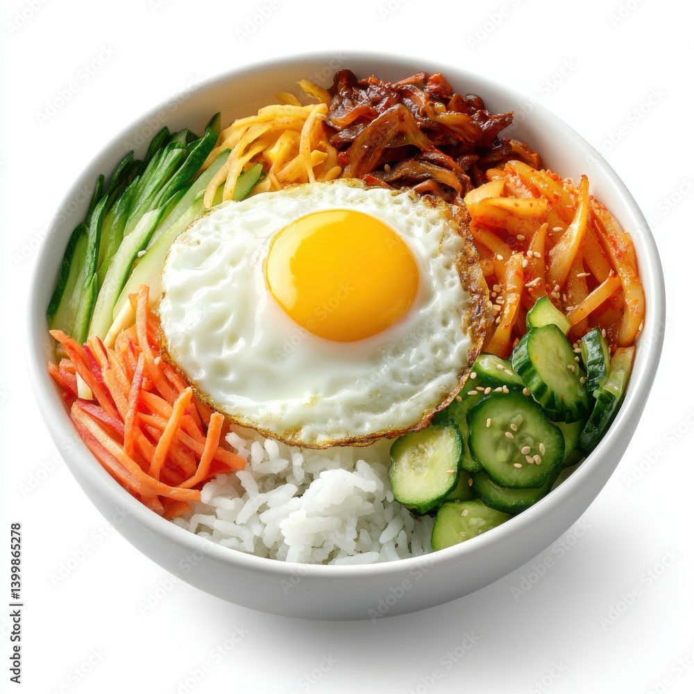 a realistic 3D scene of a bowl of bibimbap, with rice, assorted vegetables,