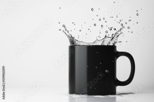 Dynamic splash action of a black glossy ceramic coffee mug captured in a minimalist studio setting highlighting fluid motion and reflections for coffee enthusiasts