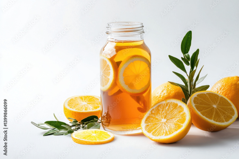 Refreshing cold brewed tea with citrus slices in clear bottle cups on display minimalist environment natural light beverage concept