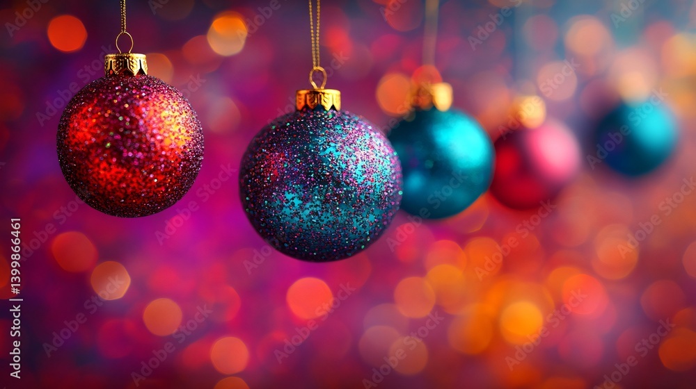 Fototapeta premium Vibrant Christmas ornaments with sparkling glitter decorating a festive scene with colorful bokeh light effects