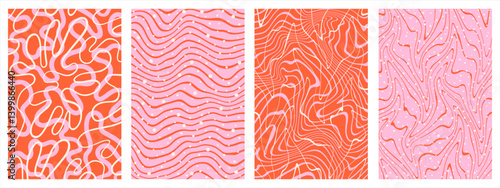 Abstract rectangle vector backgrounds set. Pink red white colors. Chaotic hand drawn doodle layered distorted wiggling twisted lines, stripes, waves, dots. Liquid groovy hippie funky chaotic patterns