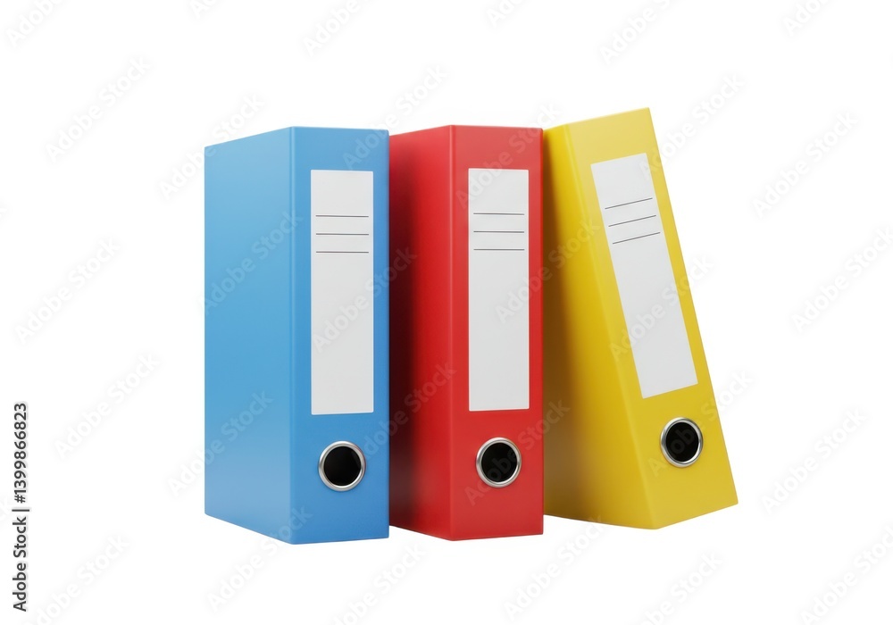Three colorful office binders standing next to each other upright Three colorful office binders standing next to each other upright