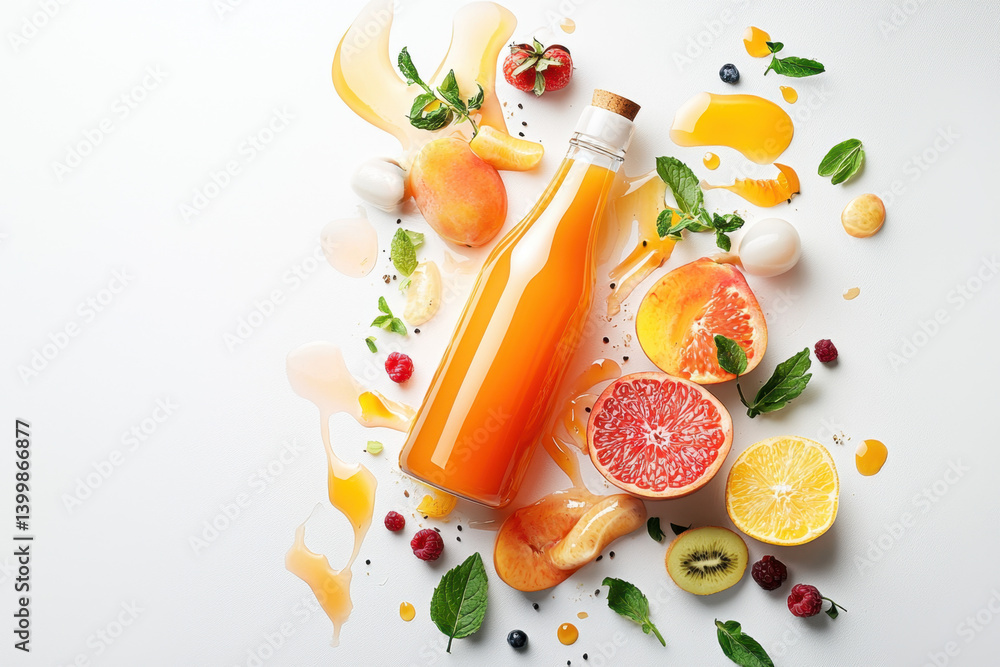 Refreshing juice bottle surrounded by fresh fruits and colorful cups bright studio setting vibrant and healthy beverage concept for a lively lifestyle