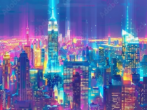 Neon city skyline with skyscrapers, vibrant colors, and dazzling light beams