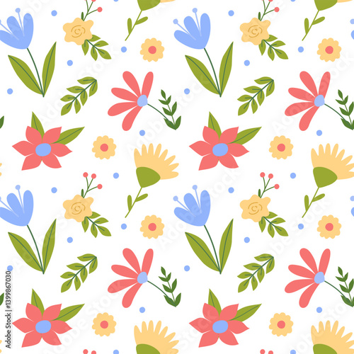Seamless pattern with childish red blue flowers twigs plants on white background. Cute kids simple vector illustration