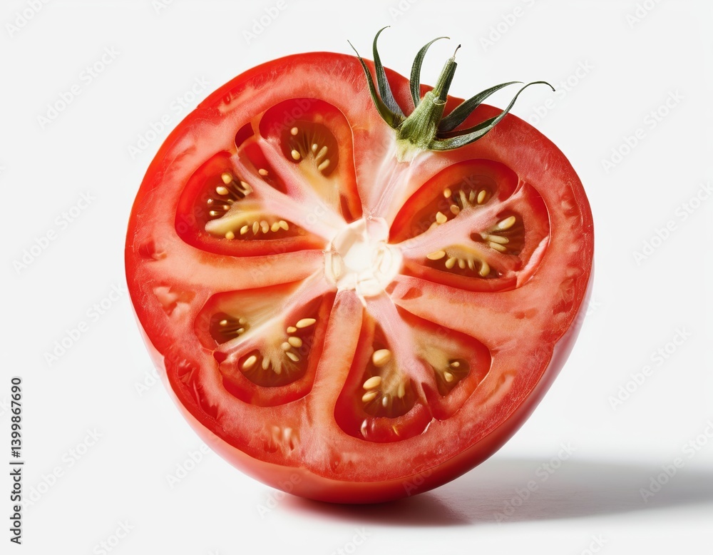 A vibrant red tomato, freshly cut in half, showcasing its juicy interior and seeds against a clean background. A vibrant red tomato, freshly cut in half, showcasing its juicy interior and seeds against a clean background.