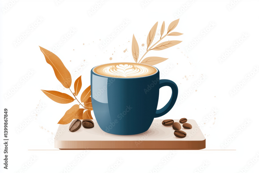 A cozy coffee moment enjoying a cappuccino in a blue ceramic mug surrounded by leaves and coffee beans in a tranquil setting