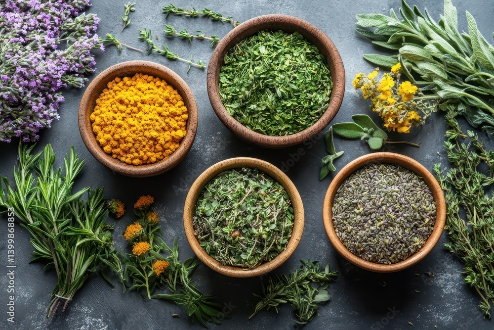 Variety of fresh herbs and spices in wooden bowls