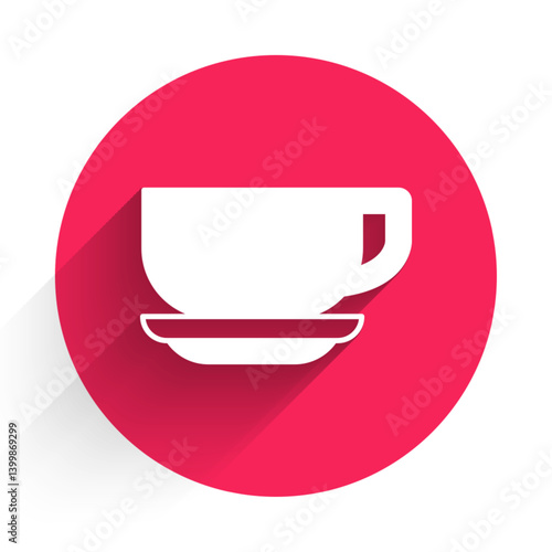 White Coffee cup icon isolated with long shadow background. Tea cup. Hot drink coffee. Red circle button. Vector