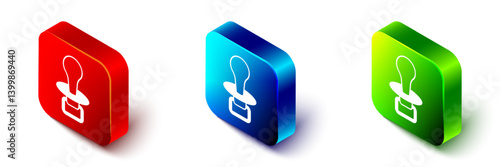 Isometric Baby dummy pacifier icon isolated on white background. Toy of a child. Red, blue and green square button. Vector