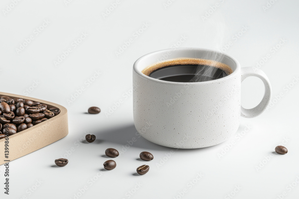 Savoring a hot cup of classic white ceramic coffee in a minimalist setting with fresh coffee beans inviting warmth and comfort for coffee lovers