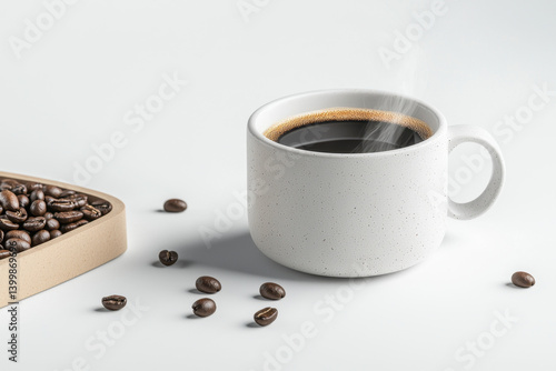 Obraz na płótnie Savoring a hot cup of classic white ceramic coffee in a minimalist setting with fresh coffee beans inviting warmth and comfort for coffee lovers w salonie