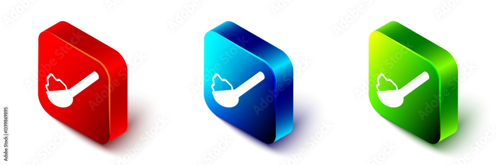 Isometric Spoon with sugar icon isolated on white background. Teaspoon for tea or coffee. Red, blue and green square button. Vector Isometric Spoon with sugar icon isolated on white background. Teaspoon for tea or coffee. Red, blue and green square button. Vector