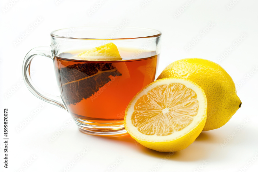 Savoring black tea in a clear glass cup with lemon wedge at home beverage photography minimalist style indoor setting close-up view for relaxation and comfort