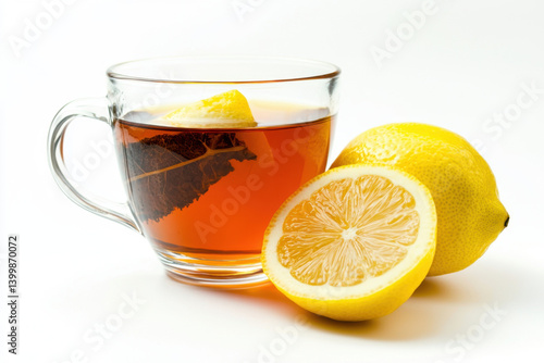 Obraz na płótnie Savoring black tea in a clear glass cup with lemon wedge at home beverage photography minimalist style indoor setting close-up view for relaxation and comfort w salonie