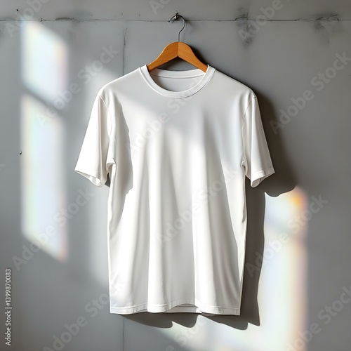 A casual white T-shirt mockup hanging loosely on a wooden hanger, set against a grey concrete wall. The shirt is plain with no text