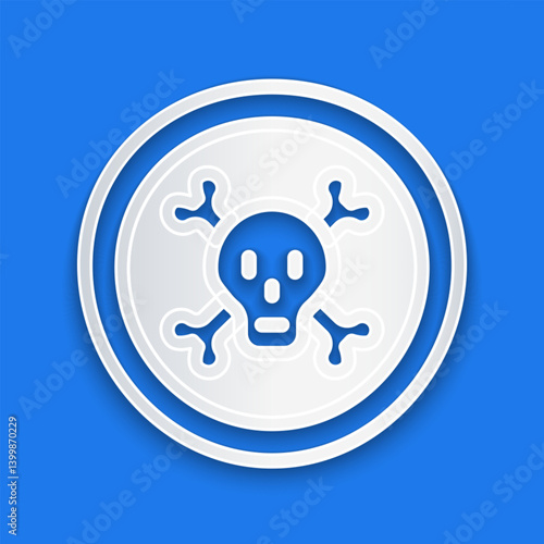Paper cut Bones and skull as a sign of toxicity warning icon isolated on blue background. Paper art style. Vector
