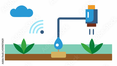 Irrigation Management Sensor Show a soil sensor connected to an irrigation system with water droplets shown being released into thirsty crops after detecting dry soil conditions.