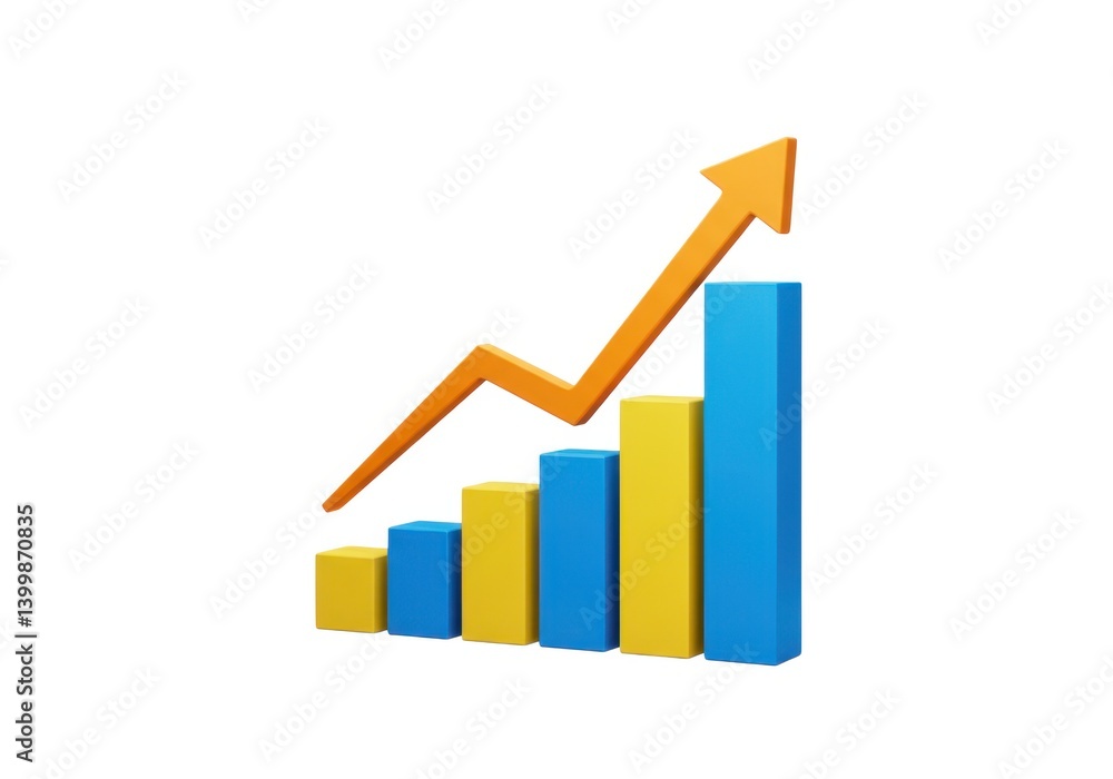 A colorful bar graph showing an upward trend with an orange arrow A colorful bar graph showing an upward trend with an orange arrow