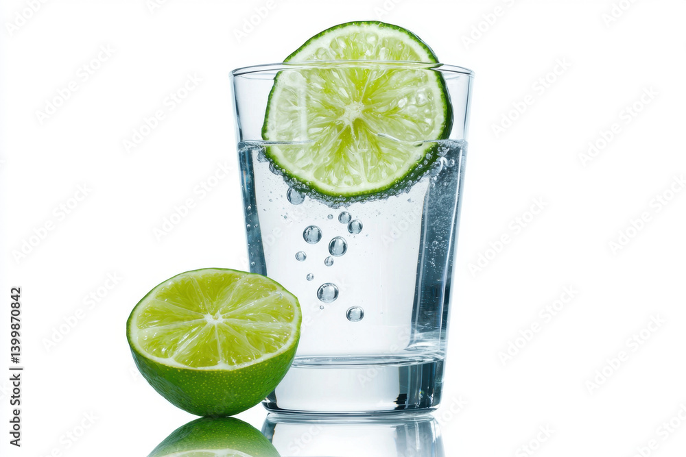 Refreshing clear glass of sparkling water with bubbles and lime slices kitchen counter beverage photography clean environment close-up view drink concept with cups