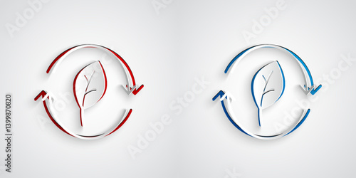 Paper cut Recycle symbol with leaf icon isolated on grey background. Circular arrow icon. Environment recyclable go green. Paper art style. Vector