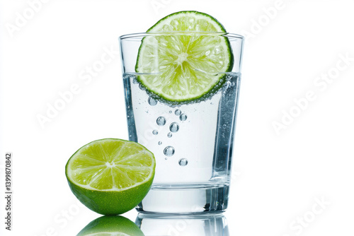 Obraz na płótnie Refreshing clear glass of sparkling water with bubbles and lime slices kitchen counter beverage photography clean environment close-up view drink concept with cups w salonie