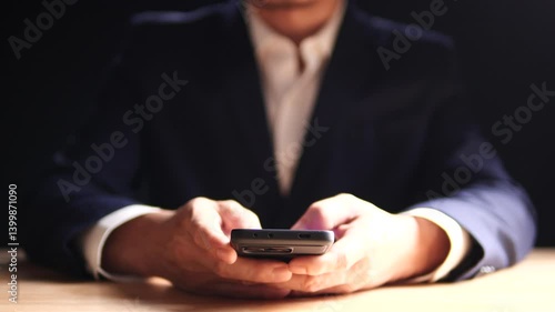 Businessman using mobile smartphone finger touching on phone screen, mobile banking, online shopping, social media, chatting with AI, customer support. Concept of technology, digital communication
