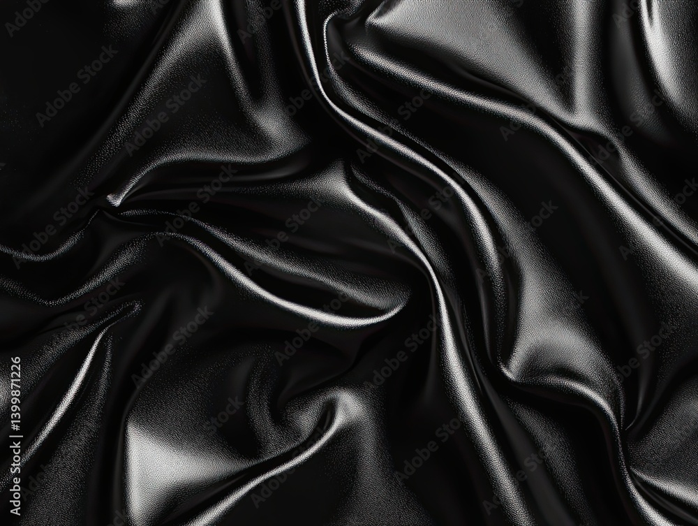 Fototapeta premium Close Up Black Fabric Texture: Smooth Shiny Draped Silk Material