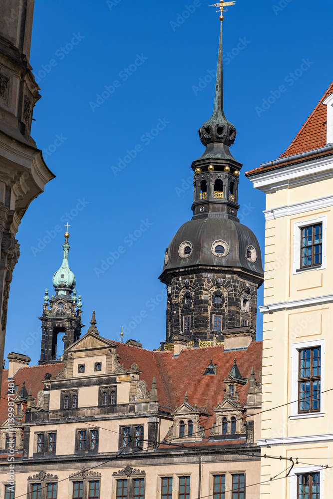 Ancient architecture of the German city of Dresden. Facades of ancient buildings in the historical part of the city Ancient architecture of the German city of Dresden. Facades of ancient buildings in the historical part of the city